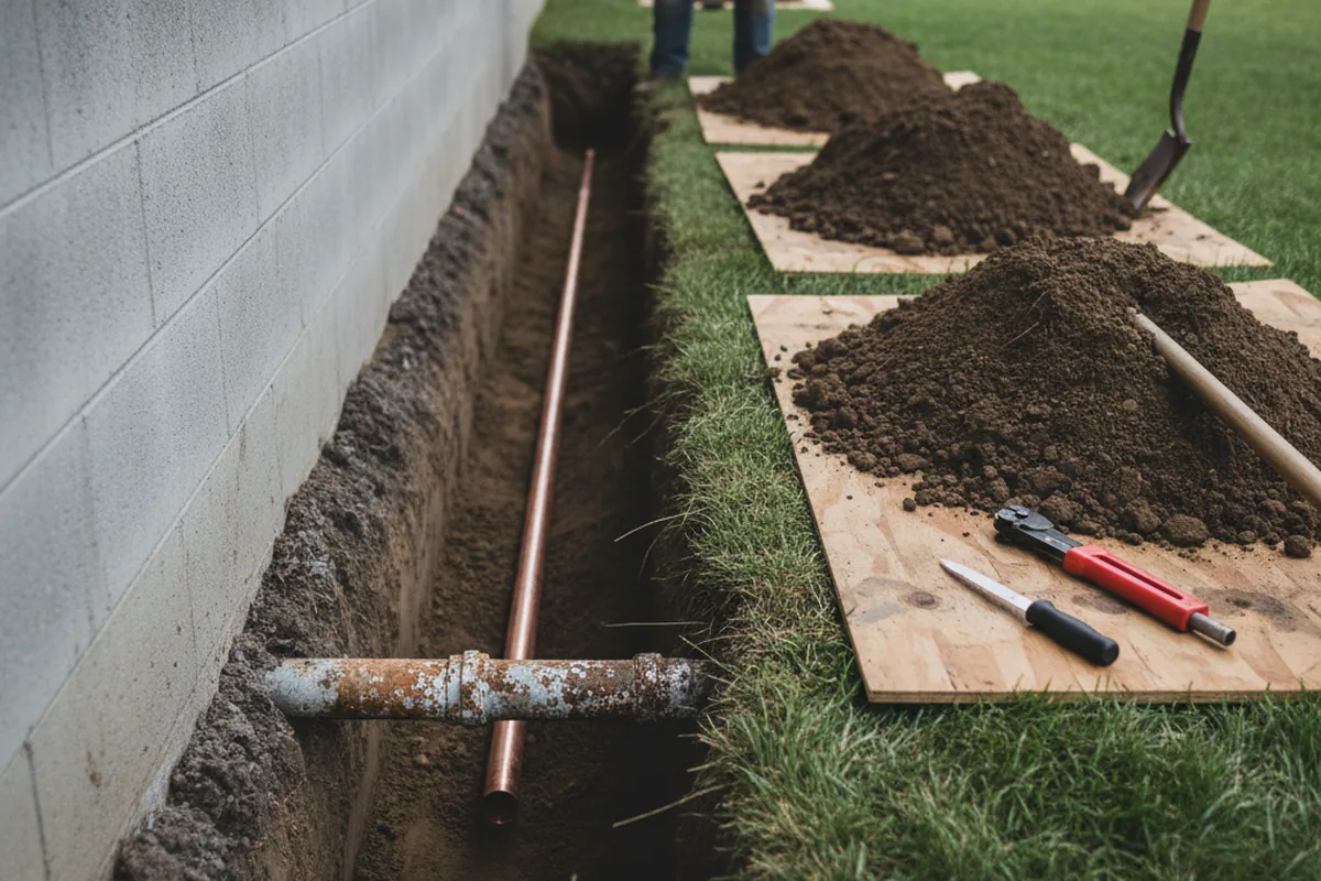 Excavated water line trench during Water Heater Repair in Counce